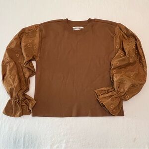 Anthropologie Tan Floral Puff-Sleeves Woman’s Sweatshirt Top Sweater Size XS